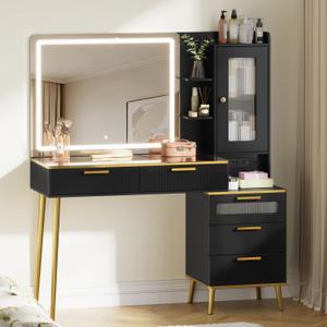 Arulvmrn 47.24" Big Modern Vanity Desk with Mirror and Lights, Vanity Desk with 29.53" HD Lighted Mirror, Makeup Vanity with 5 Drawers and Storage Shelves and Charging Station, Black2