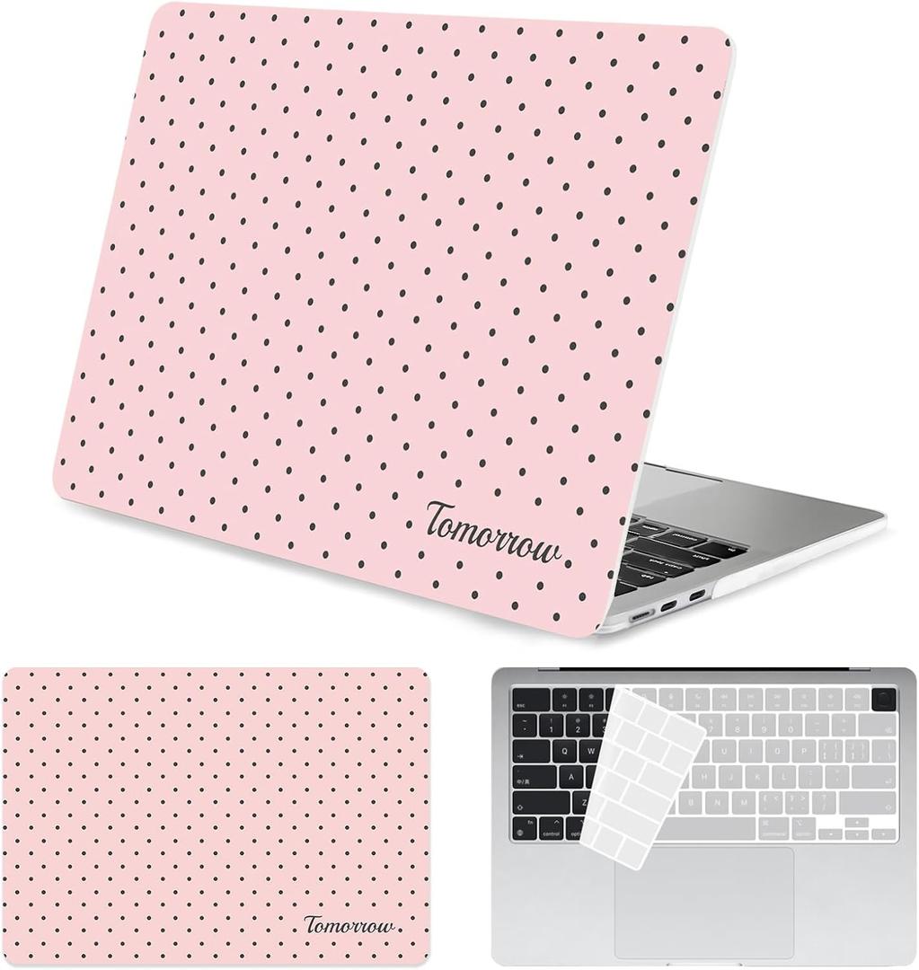 Seorsok Compatible with New MacBook Air 13.6 inch Case M4 M3 M2 2025 2024-2022 Release A3240 A2681 A3113 Touch ID,Premium Cream Textured Black Polka Dot Plastic Hard Shell Case&Keyboard Cover,Pink