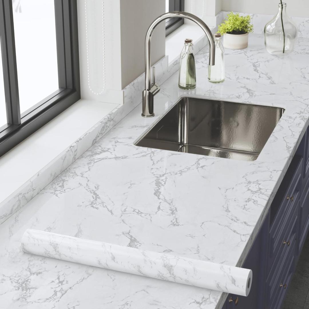 Abyssaly Marble Contact Paper for Countertops 23.6" x 118", White Gray Faux Marble Wallpaper Peel and Stick, Self Adhesive Removable Wall Paper for Kitchen Backsplash
