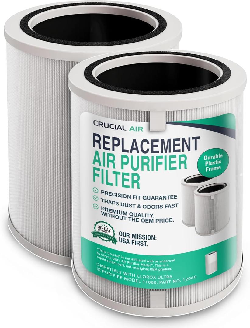 Think Crucial Replacement HEPA filter Compatible with Clorox Ultra Air Purifier Model 11060, XL Rooms up to 2,220 sq ft, Part # 12060, High-Efficiency Advanced Filtration Air Purification (2-Pack)