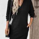 EVALESS Womens Fall Dresses 2026 Long Sleeve V Neck Casual Dress Textured Loose Fit Shift Mini Dress with Pockets (Black, L)