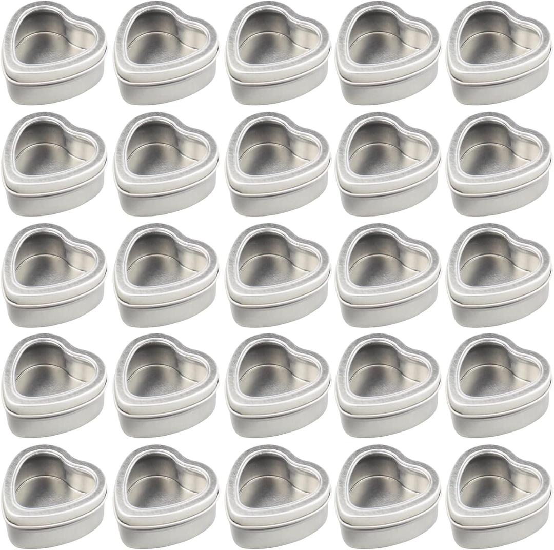 25-Pack 2oz Empty Heart Shaped Mini Metal Tins with Clear View Window Lids for Candle Making, Candies, Gifts & Treasures (Silver)