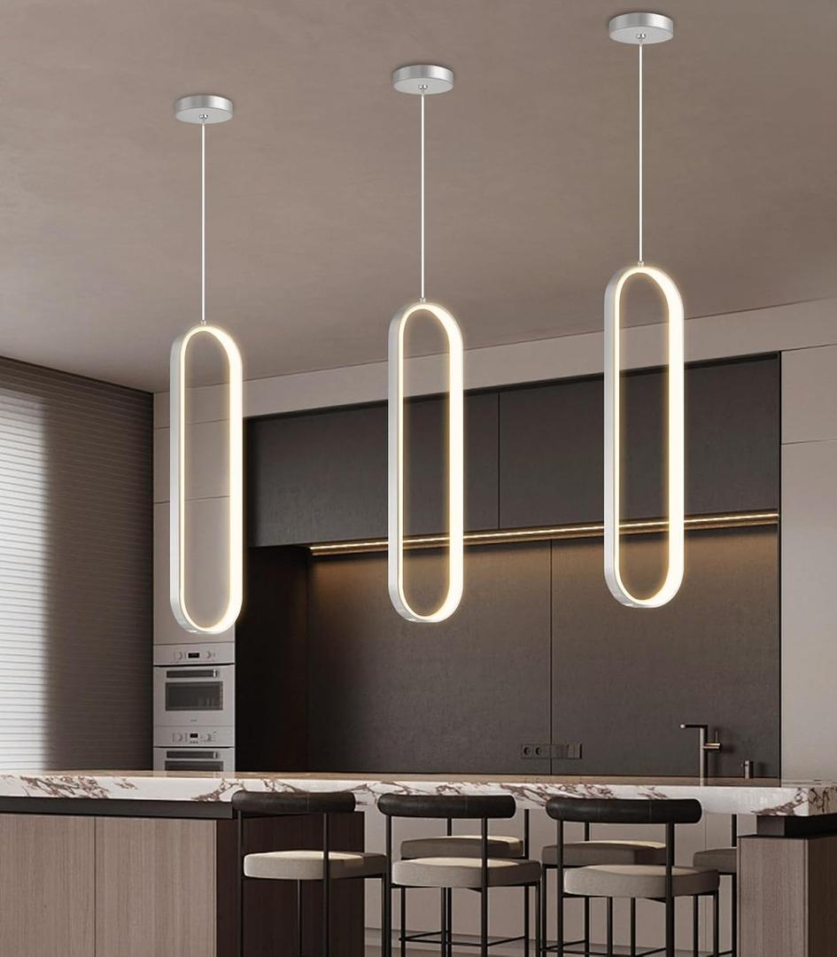 Modern Ring Chandelier LED Dimmable Ceiling Light for Living Room Kitchen Island Staircaes Silver, 20in x 7.9in x 70in