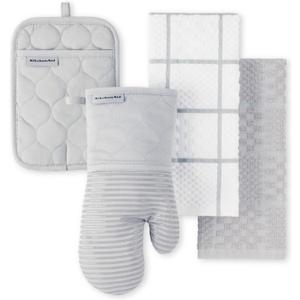KITCHENAID Quilted Cotton Terry Cloth Oven Mitt, Pot Holder, Kitchen Towel 4-Pack Set, Heat Resistant, Silicone Grip, 16"x26", 7"x13" & 7"x10", Matte Grey