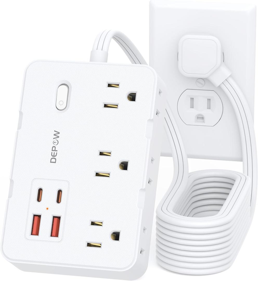 DEPOW Surge Protector Power Strip with Flat Plug, 10 FT Extension Cord with 6 AC Outlets 4 USB Ports(2 USB-C),1050J Surge Protection, Wall Mountable Charging Station for Office, Home, White