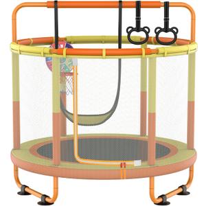 LANGXUN 60" Trampoline for Kids, 5ft Mini Toddler Indoor & Outdoor Trampoline with Net, Basketball Hoop & Dart Board, Birthday Gifts for Boys & Girls, Baby Toddler Christmas Toys (Orange Yellow)