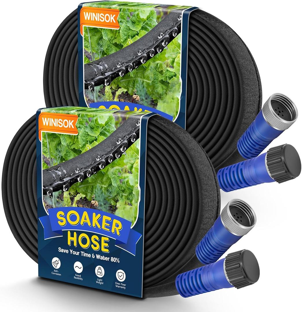 100FT Soaker Hose, Heavy Duty Double Layer Gardening Hoses, Save 80% Water, Flexible Leakproof, Drip Irrigation Tubing for Garden Beds and Lawns (50 FT x 2Pack)