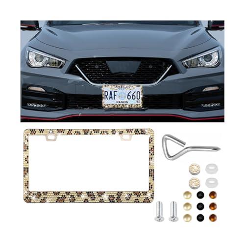 Zpana Bling Car License Plate Frame, Crystal Rhinestones Leopard Print Vehicle License Plate Holder Cover with Screws Caps for Woman Girl, Auto Tag Bracket, Universal for SUV Sedan Truck