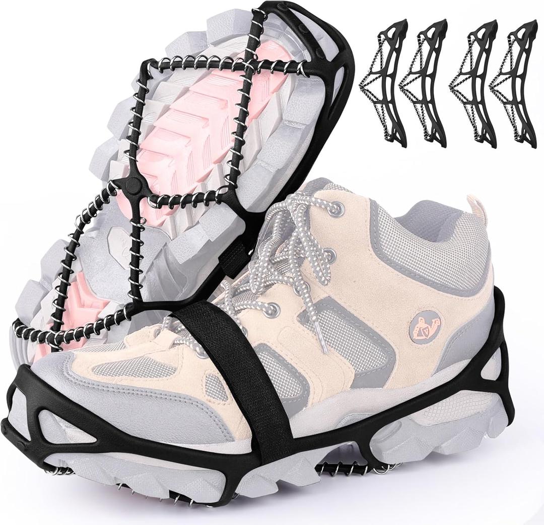 Sfee Ice Cleats for Walking on Ice Snow Grips Crampons Traction for Shoes/Boots, Anti-Slip Portable Flexible Footwear for Walking Climbing Hiking Fishing Outdoor Running with 2 Adjustable Straps (Medium, 2 Pairs: Black)