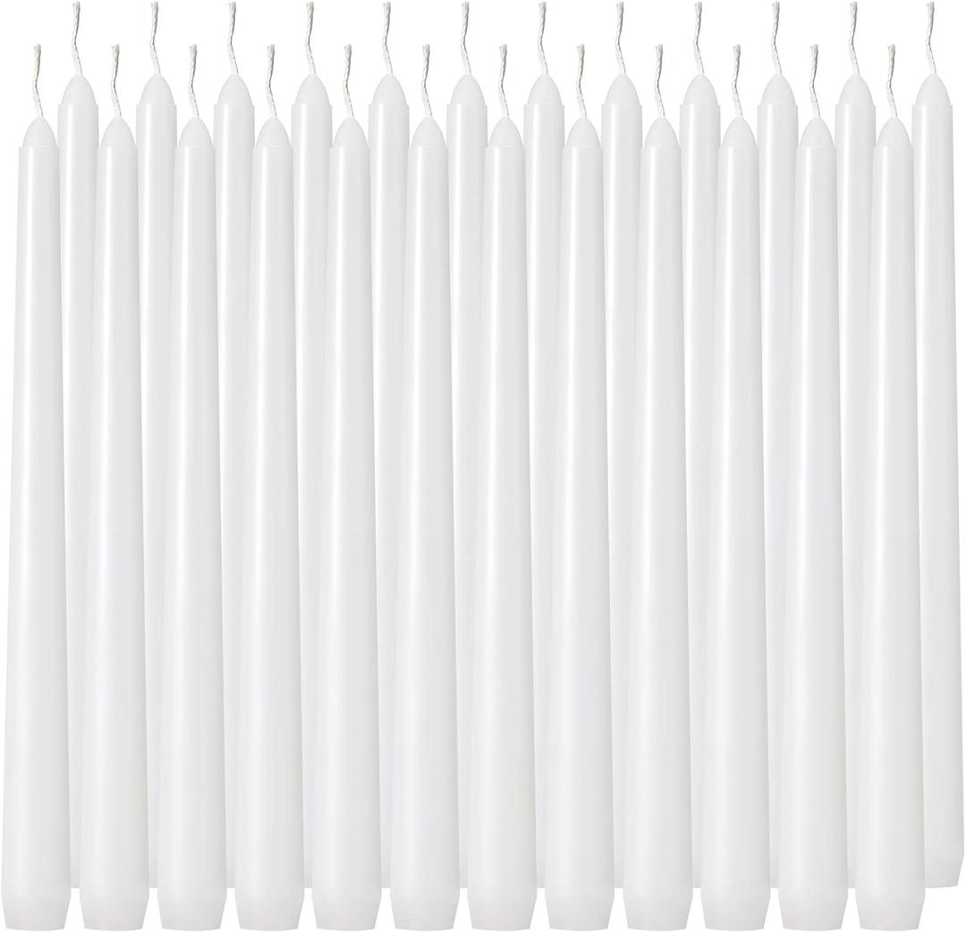 Tuyai 24 Pack Tall White Taper Candles, 10 inch (H) Dripless, Unscented Dinner Candle, Smokeless Taper Candles, Paraffin Wax with Cotton Wicks, 8 Hours Burn Time
