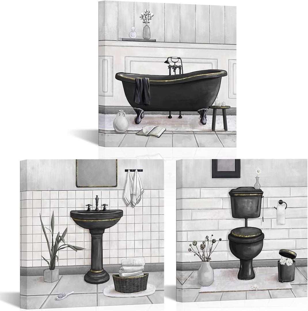 HOMEOART Bathroom Wall Art Bath Tub Painting Picture Bathroom Wall Decor Framed Ready to Hang 12x12inchx3 (Black and Gold)