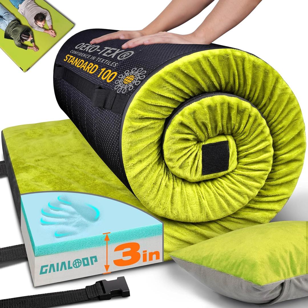 GAIALOOP 3 Inch Memory Foam Camping Mattress, Dual Layer Thick Sleeping Camp Pad for Car Tent Cot, Roll-Up Portable Glamping Floor Bed for Guests Sleepover (Full: 75*54*3", Avocado Green)