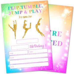 Flip Tumble Jump & Play Birthday Party Invites Cards for Kids, Gymnastics Birthday Invitations for Boys Girls, 20 Invitation Cards With Envelopes Tie Dye Rainbow Birthday Party Supplies -A003