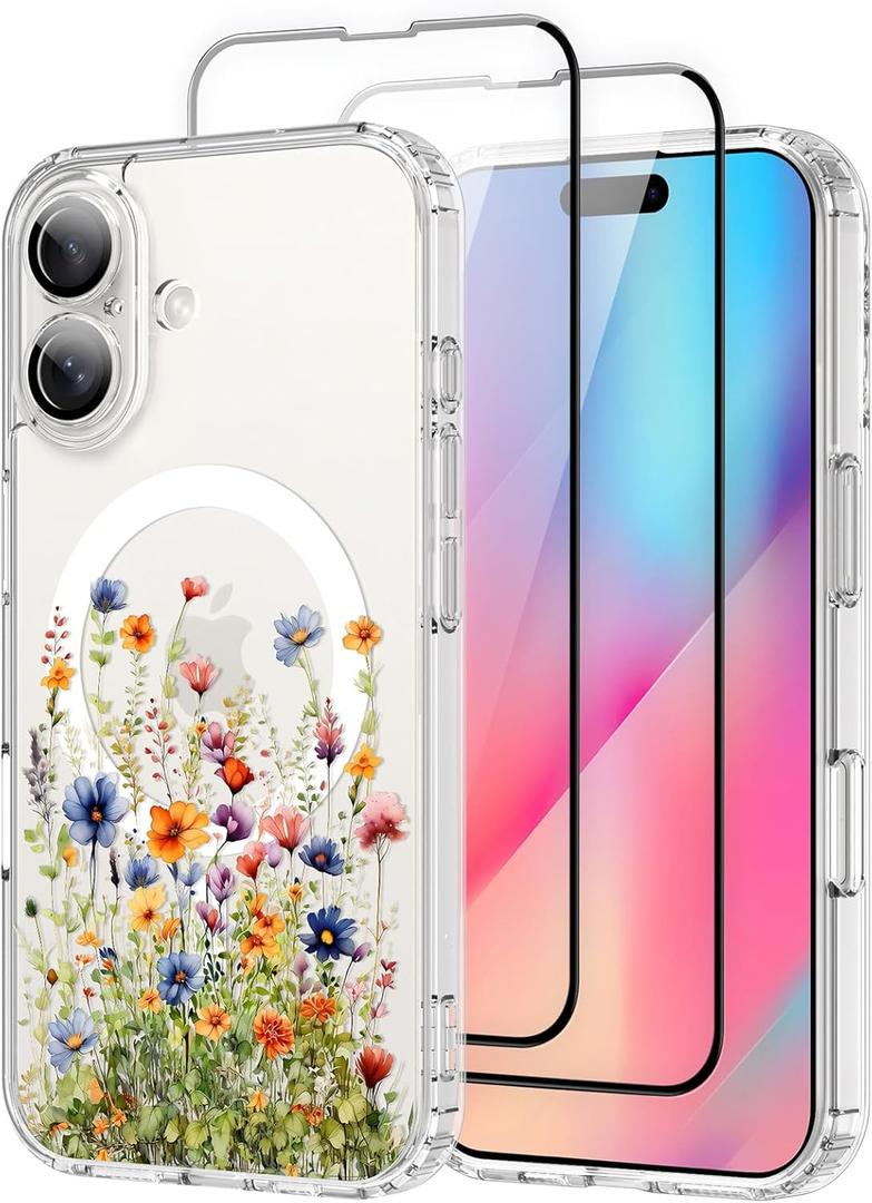 OOK Magnetic Case for iPhone 16 Case Cute Flower Design with 2 PCS Screen Protector [Compatible with MagSafe] for Girls Women Floral Clear Slim Shockproof Phone Cover-Colorful Flowers