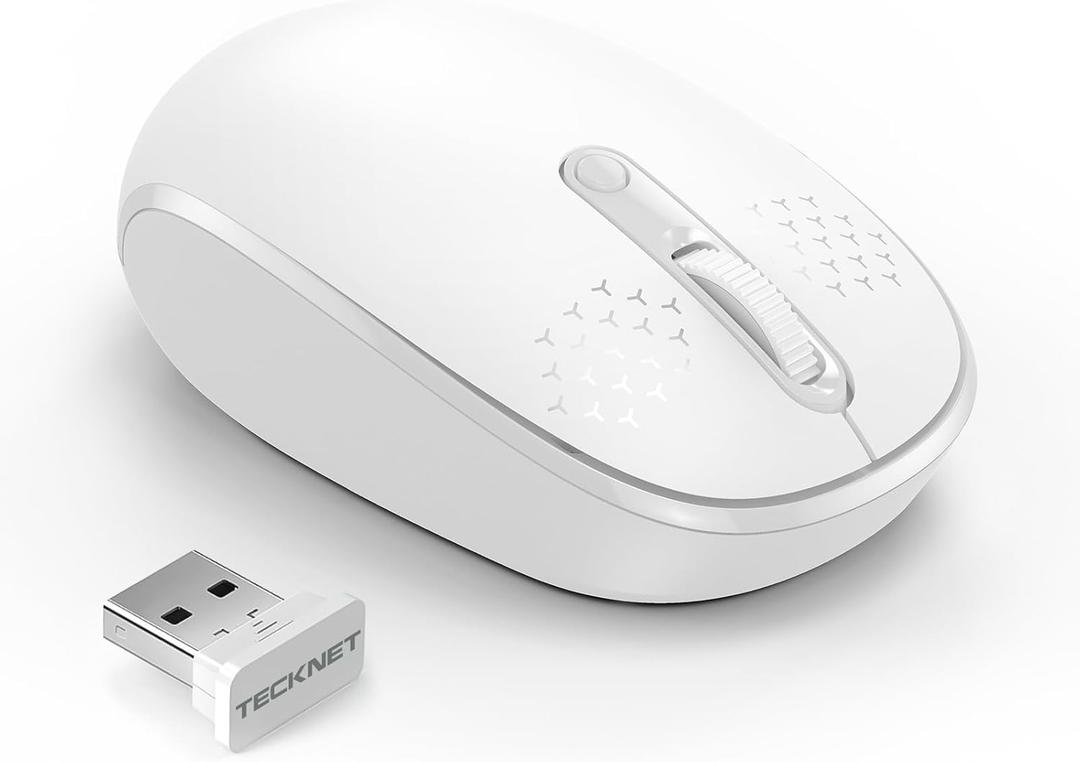 TECKNET Wireless Mouse for Laptop, 2.4G Quiet Computer Mouse with USB Receiver, 4 Buttons Portable Cordless Mice for Chromebook, Laptop, PC, Mac, 800/1200/1600 DPI - White