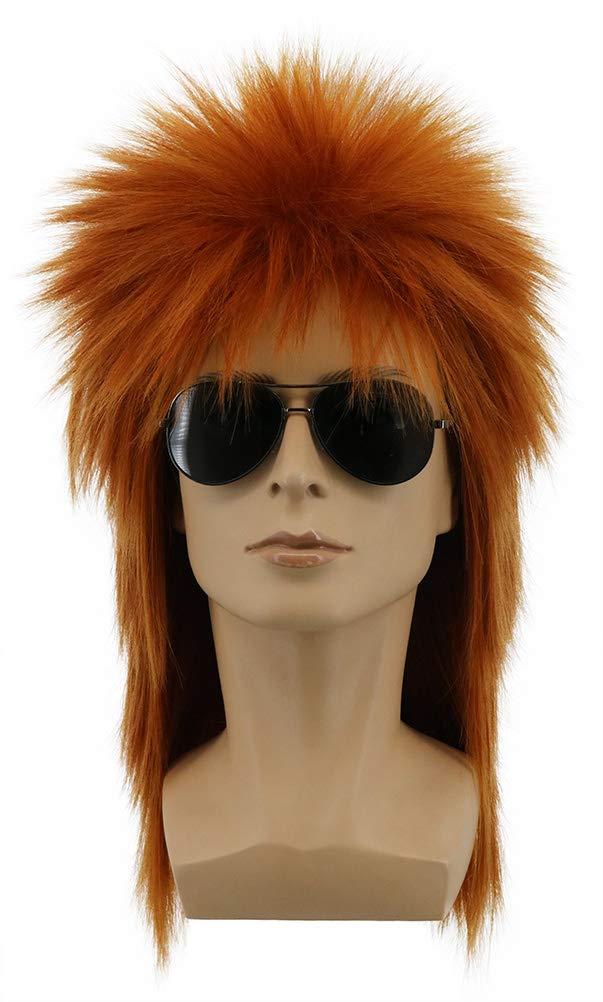 yuehong Long Orange Mullet Wig Spiked Rocker 70s 80s Disco Style Wig For Men Women Heat Resistant Synthetic Fibers Costume Hair(Orange)