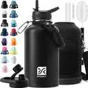Insulated Water Bottle | Thickened Stainless Steel Vacuum Metal Thermos | Portable Sports Half Gallon Large Water Jug for Gym and Hiking with Straw, Carrier Bag, Handle Strap | BPA-Free 64 oz (Advanced Black)