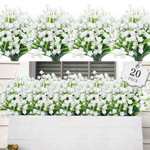 AmyHomie 20 Bundles Artificial Flowers for Outdoor Outside Spring Summer Decoration UV Resistant Faux Flowers No Fade Fake Plastic Plants Garden Porch Window Box Decorating (Pure White)