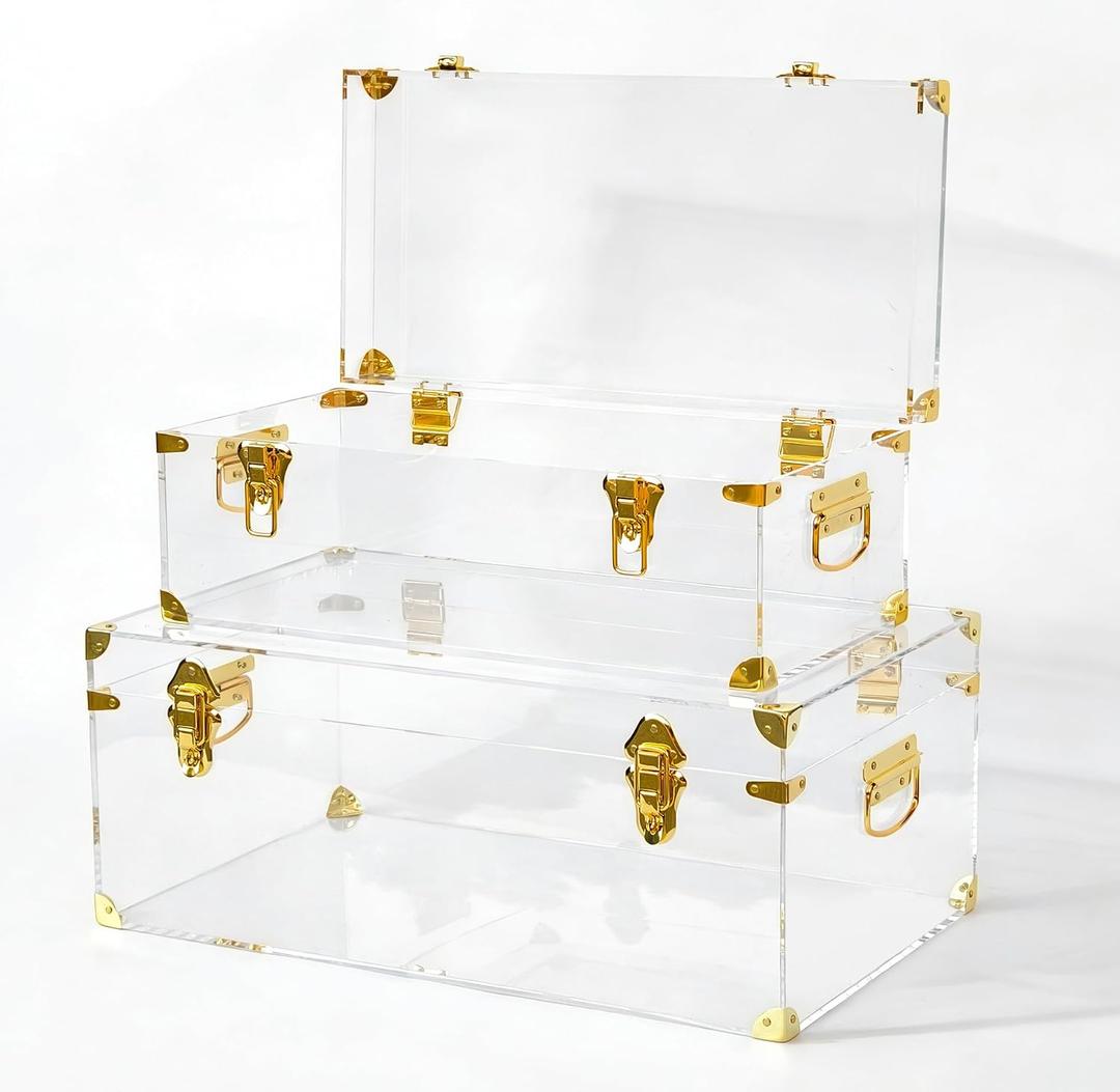 Vixdonos Acrylic Storage Chest Decorative Trunk Set of 2 Keepsake Box College Dorm Organizer with Hardware Hasps and Handle for Home Deocr,23.7X14.2X9.5 Inches,Clear