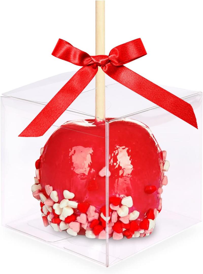 4x4x4 Inches Transparent Apple Box With Hole,30 PCS Caramel Apples Clear Boxes Candy Apple PET Boxes for Candy Making