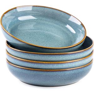 GBhome 8.75'' Large Ceramic Pasta Bowls, 38oz Stoneware Pasta Serving Bowls Set of 4 for Kitchen, Wide Bowls for Fruit,Pasta,Salad,Oatmeal,Meal, Microwave Safe, Reactive Glaze-Space Blue