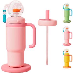 Drinking Cup With Whale Squirt, 24oz Whale Water Bottle with Handle, Insulated Stainless Steel Whale Water Cups With Two Silicone Soft Tip, Leak-Proof Whale Fountain Bottle for Kids Teens (Pink)