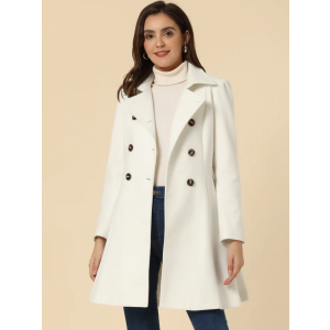 Allegra K Women's Winter Overcoat Turn Down Collar Belted Double Breasted Long Coat M