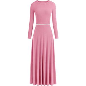 PRETTYGARDEN Women's 2 Piece Outfits Matching Skirt Set | Cozy Ribbed Knit, Long Sleeve Shirts, Crop Tops, Flowy Long, A Line Maxi Skirts, Lounge Sets, Vacation, Fall Spring Clothes (Pink, XS)