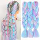 Rainbow Braiding Hair Extension 24 Inch 3 Packs Synthetic Profession Jumbo Braid in Hair Extensions 4 Tone Crochet Colored Hair Extensions for Braiding(Pink/Light Blue/Purple/Light Cyan)