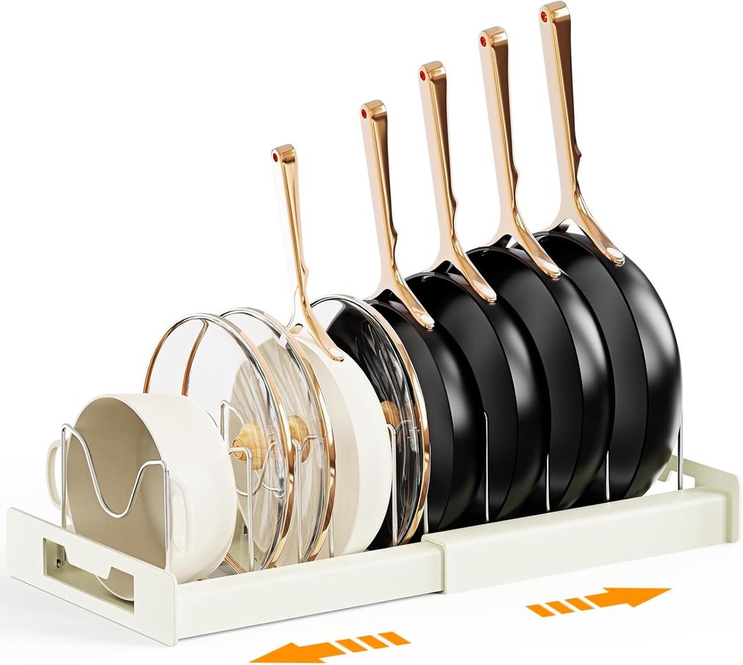 Pots and Pans Organizer Under Cabinet - Pot Lid Holder, Expandable Pan Organizer for Cabinet, Pot Rack with 10 Adjustable Compartments for Kitchen Cabinet, Frying Rack, Lid, Cookware,1 Pcs (White)