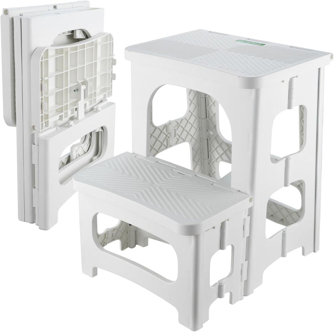 Folding 2-Step Stool for Adults Kids Non-Slip Collapsible Portable Step Stool for Kitchen Home Toilet Bedroom Office Bathroom Rv,Holds 300 Lbs(White)
