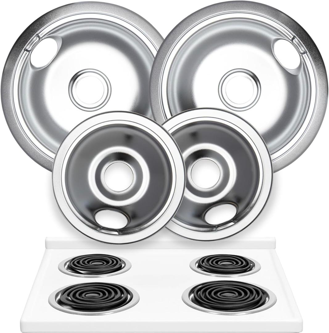 Electric Stove Drip Pans Set of 4 (2 x 6-Inch & 2 x 8-Inch) Replacement Stove Drip Pans for Electric Stove Compatible with Frigidaire, Kenmore, Tappan & More - Stove Burner Drip Pan Replacements (Silver)