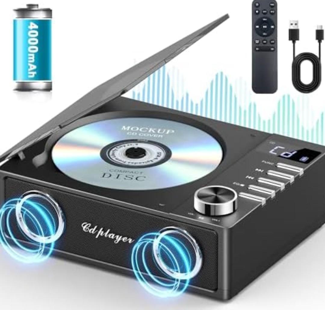 Portable CD Player with Bluetooth 5.3, Greadio CD Player with Speakers for Home, 4000mAh Rechargeable Retro CD Music Player with Remote Control, LED Display, Supports USB/TF/AUX, Optical Input