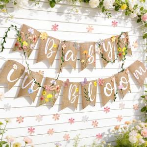 Baby in Bloom Baby Shower Burlap Banner, Flower Themed Baby Shower Decorations with Green Leaf String and Artificial petals and little Butterfly Decorations for Girls
