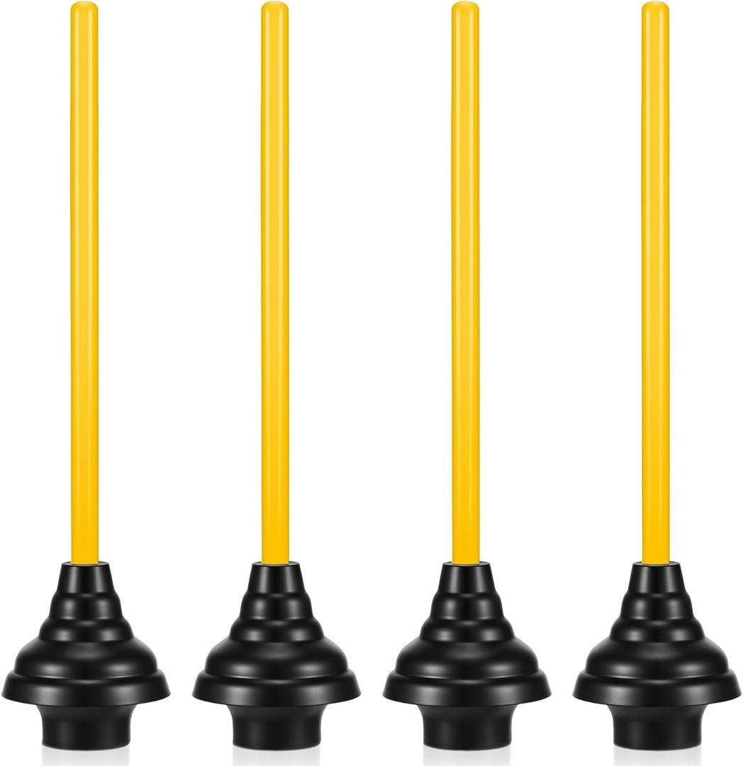 Baderke 4 Pcs Heavy Duty Toilet Plunger with Long Wooden Handle Force Suction Cup 26.38"x5.51" Black Rubber Toilet Plunger Removes Clogs Without Holder for Bathroom Drains Sink