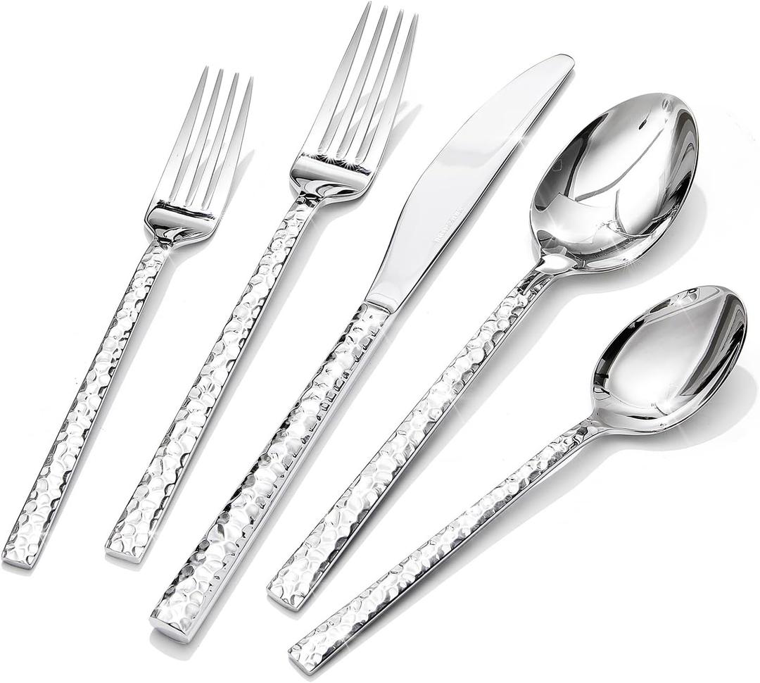 40 Piece Hammered Silverware Set, 18/10 Stainless Steel Flatware Set for 8
KINGSTONE Mirror Polished Knives Forks Spoons Utensils, Cutlery Set for Home, Party, Wedding, Housewarming, Dishwasher Safe