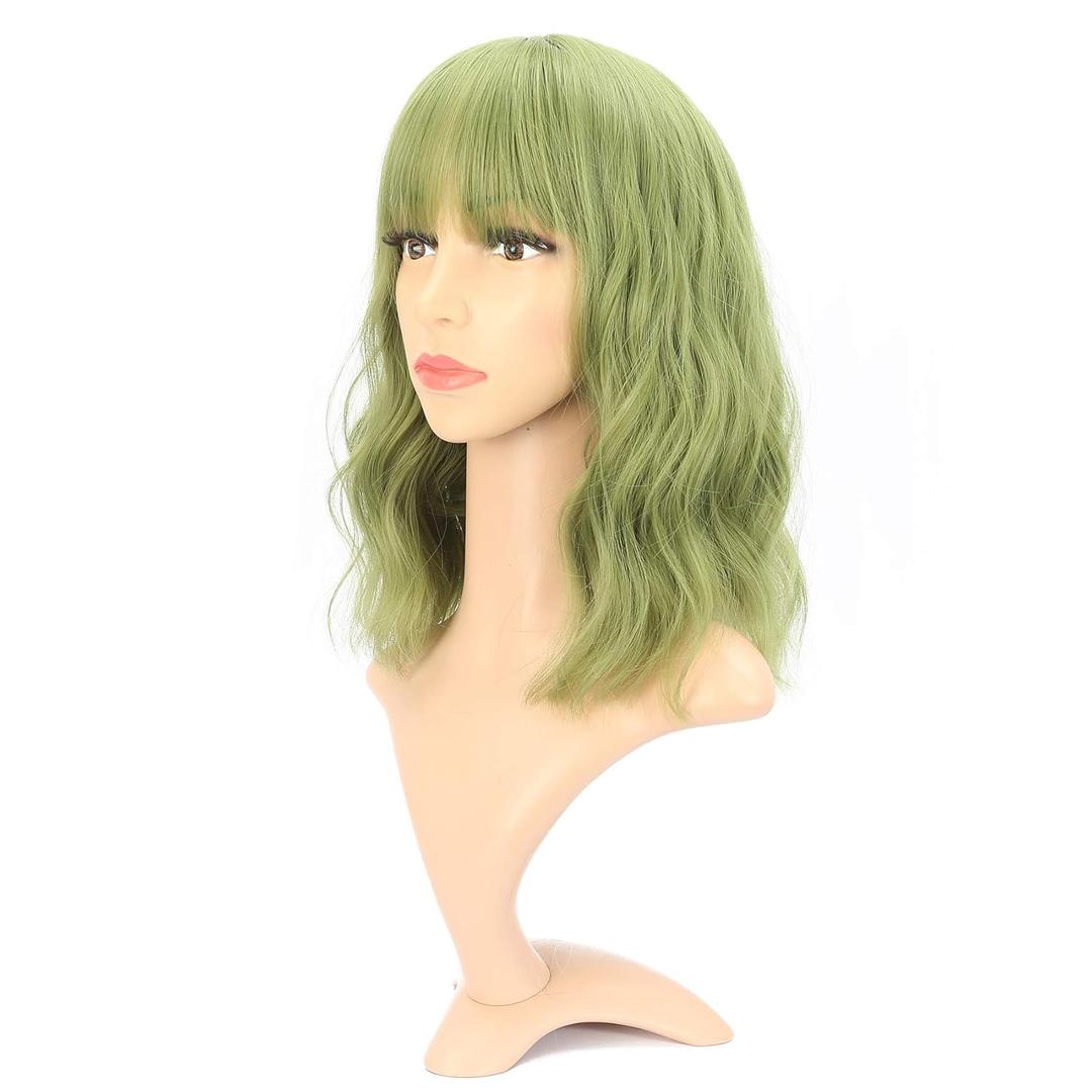 VCKOVCKO Natural Wavy Wig With Air Bangs Short Bob Matcha Green Wigs Women's Shoulder Length Curly Wavy Synthetic Cosplay Pastel Bob Wig for Girl (12", Matcha Green)
