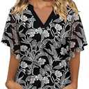 onlypuff Spring Blouses for Women 2024, Ruffles Sleeve Womens Tunic Tops Dressy Casual Ladies V Neck Office Shirts Business Attire Summer Work Clothes Swing Sheer Elegant Peasant Tops Black Daffodils M