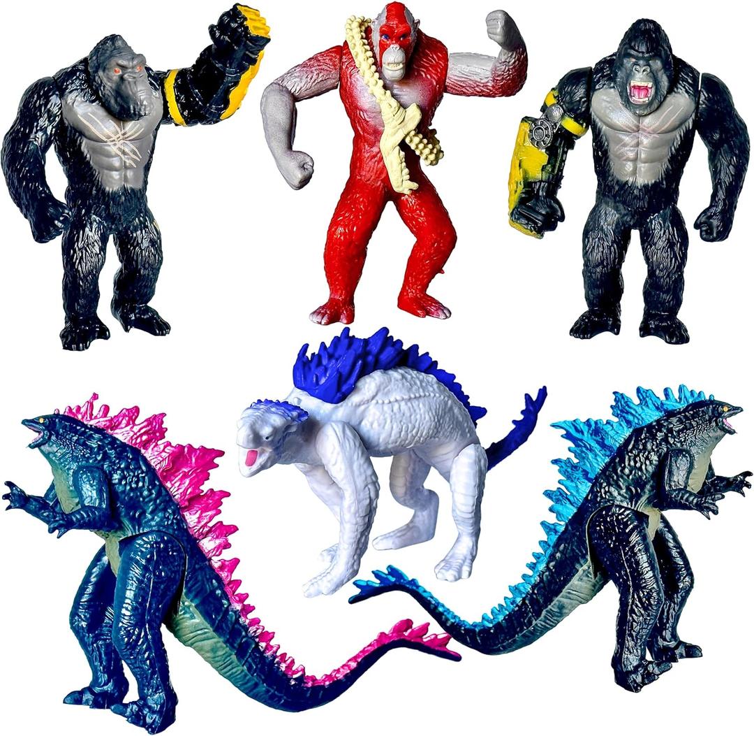 TwCare Set of 6 Monster x Kong: The New Empire, Dinosaur Dragon Toys Action Figures, Evolved Basic Exquisite Battle Roar B.E.A.S.T. Glove Shimo Frost Bite Mecha King Ghidorah Cake Toppers Pack