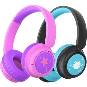 iClever BTH22 Kids Bluetooth Headphones 2 Pack, 60H Play Time, 74/85 dBA Safe Volume, Bluetooth 5.4, USB C, Over Ear Kids Headphones Wireless AUX Cord for iPad/Tablet/Travel/School, Purple & Black