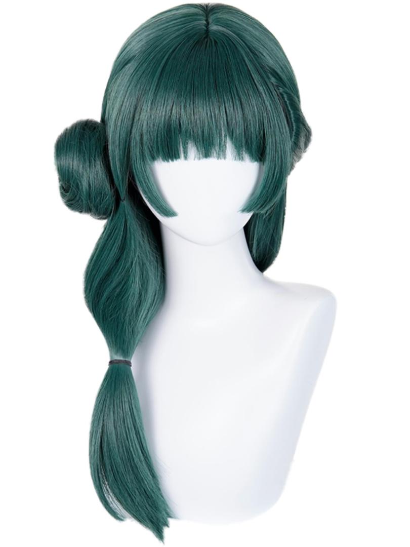 Half and Half Maomao Cosplay Costume Wig with Bangs & Side Part Bun 22'' Long Dark Green Anime Wig for Women Party Halloween Daily