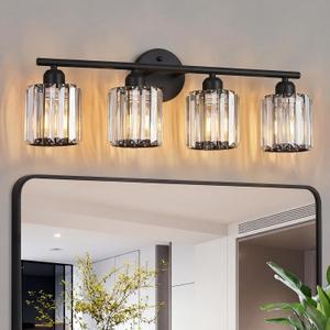 Modern 4 Light Crystal Vanity Light, Black Vertical Bathroom Light Fixture Over Mirror for Dressing Table Sink, Compatible with Dimmable Bulbs (Bulbs Not Included), 26 Inch-4light