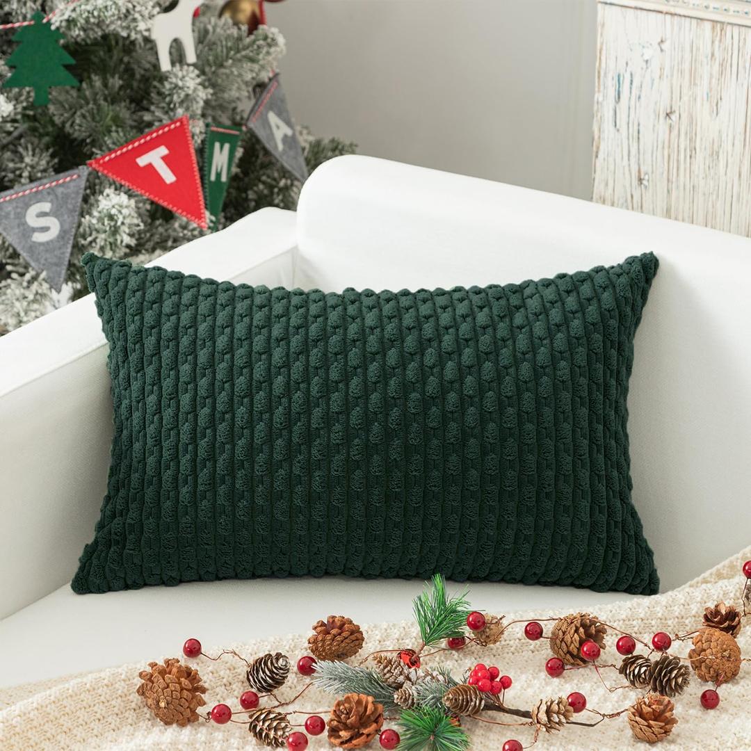 Kevin Textile 12x20 Inch Pillow Cover 1 Pack Boho Christmas Decorative Soft Striped Corduroy Lumbar Farmhouse Color Accent Rectangle Cushion Case for Living Room Couch Sofa Bed, Army Green