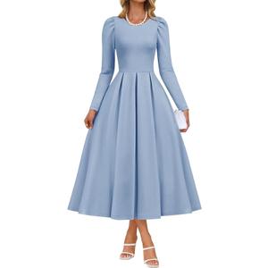 ZESICA Women's Long Sleeve Midi Dresses 2026 Spring Elegant Crewneck Swing A Line Wedding Guest Party Dress with Pockets Small