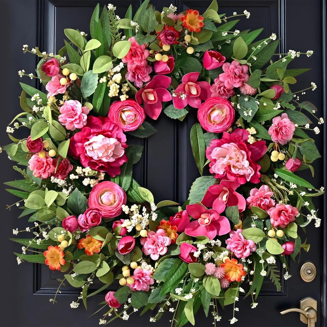 Waipfaru Spring Wreaths for Front Door, 26" Large Spring Summer Easter Wreaths for Front Door with Rose Peony Tulip Magnolia, All Seasons for Indoor Outdoor Farmhouse Home Porch Wall Window Decor (1pcs)