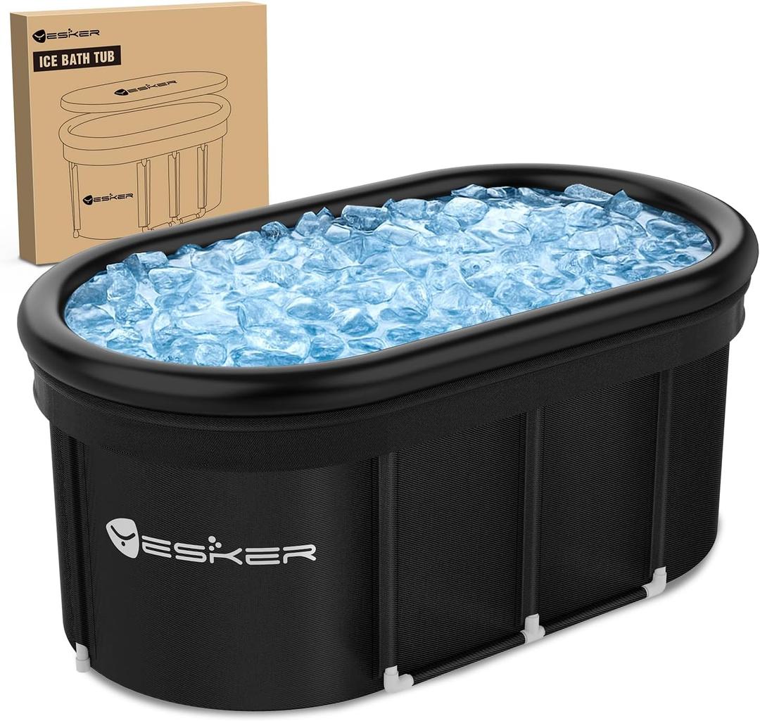Yesker 110 Gal Oval Ice Bath Tub with Air Ring, Portable Multi-Layered Cold Plunge Tub with Lid for Athletes, Foldable and Inflatable, One Person Hot Bathtub at Gym, Yard, Home, Outdoors Use (Black)