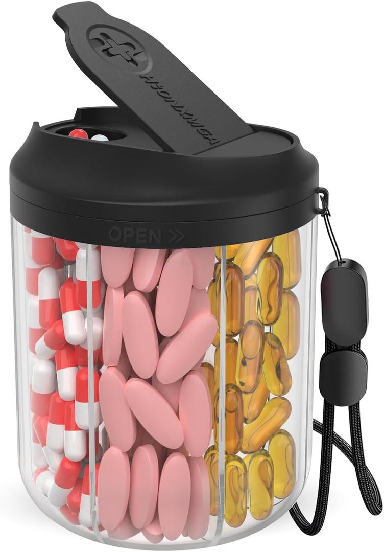 Pill Bottle Organizer with 7 Large Compartments, Pill Dispenser for Travel, Supplement Organizer with Anti-Mixing Design, BPA-Free Pill Container with 20 Pcs Labels, Black