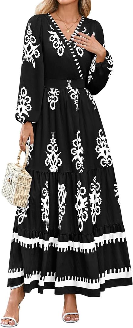 PRETTYGARDEN Women's 2026 Fall Wedding Guest Dresses Boho Floral Long Sleeve V Neck Flowy Elegant Maxi Dress Beach Clothes (Large, Floral Black White)