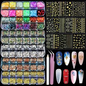 Artdone Nail Art Glitter Studs Kit, 6 boxes Multicolor and Design 3D Charms With 15 Sheets Gold Nail Stickers, Diamond Cute Nail Jewels For DIY Decoration with Pickup Tools