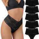 SHARICCA Women Seamless High Waist Underwear Sexy Floral Lace Thong Soft Comfortable Panties Pack (Large, 5 Black)